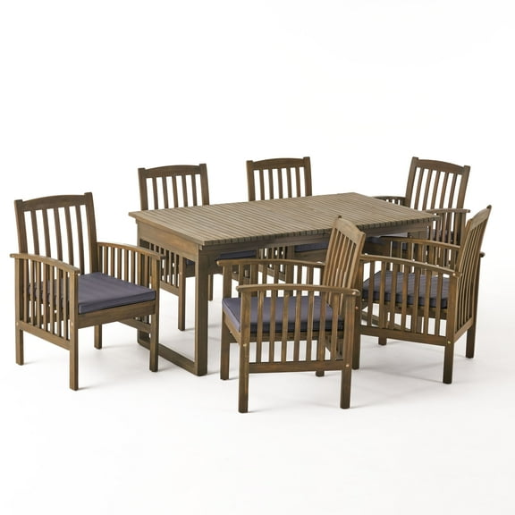 GDF Studio Cassia Outdoor Acacia Wood 7 Piece Expandable Dining Set with Cushion, Gray and Dark Gray