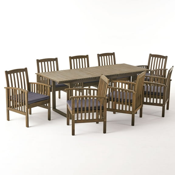 GDF Studio Cassia Outdoor Acacia Wood 9 Piece Expandable Dining Set with Cushion, Gray and Dark Gray