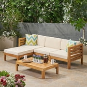 GDF Studio Cavendish Outdoor Fabric Acacia Wood 5 Piece Sofa Set, Teak