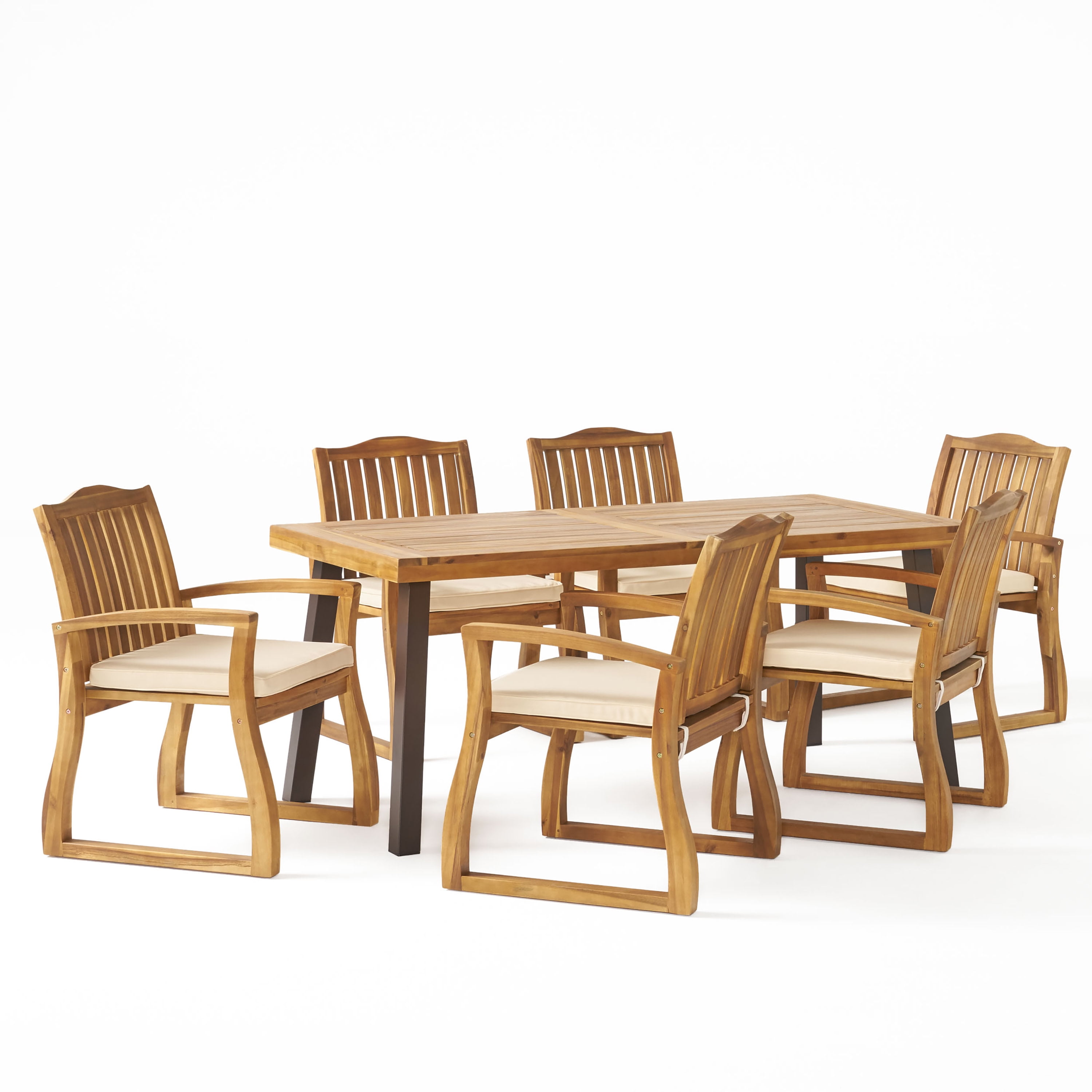 6-Person Teak Acacia Wood Outdoor Dining Set with Beige Cushions