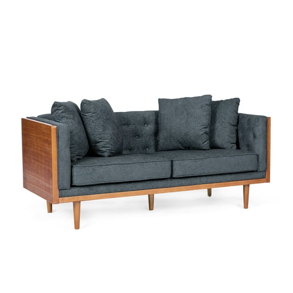 GDF Studio Cayuga Mid Century Modern Fabric Tufted Loveseat with Accent Pillows, Charcoal and Dark Walnut