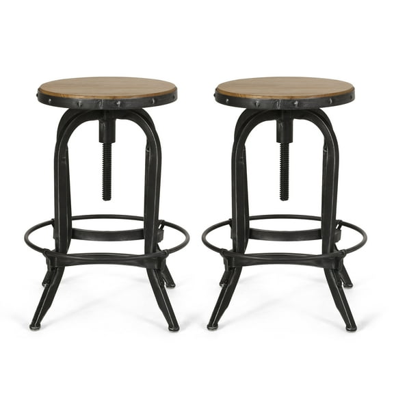 GDF Studio Cedarville Industrial Fir Wood Adjustable Backless Swivel Barstools, Set of 2, Antique Natural and Pewter