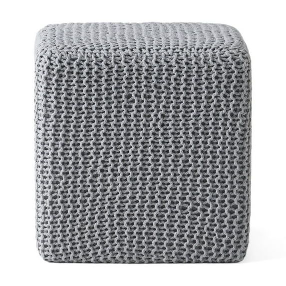 GDF Studio Chabani Indoor Modern Knitted Fabric Cube Pouf Ottoman, Light Gray