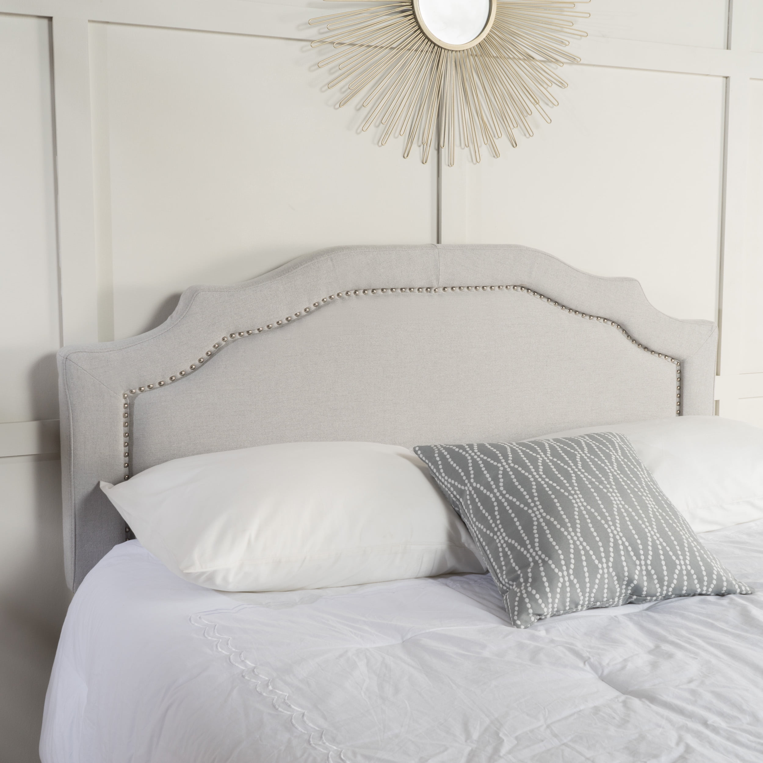 GDF Studio Charell Contemporary Fabric Upholstered Beveled Full/Queen Headboard, Light Gray