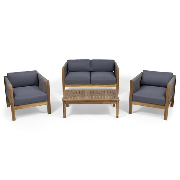 GDF Studio Charlotte Outdoor Acacia Wood and Rope 4 Seater Chat Set with Cushions, Teak and Gray