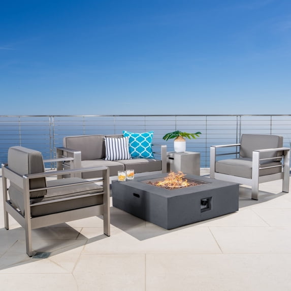 GDF Studio Cherie Outdoor Aluminum Gray Chat Set with Fire Table, Light Gray