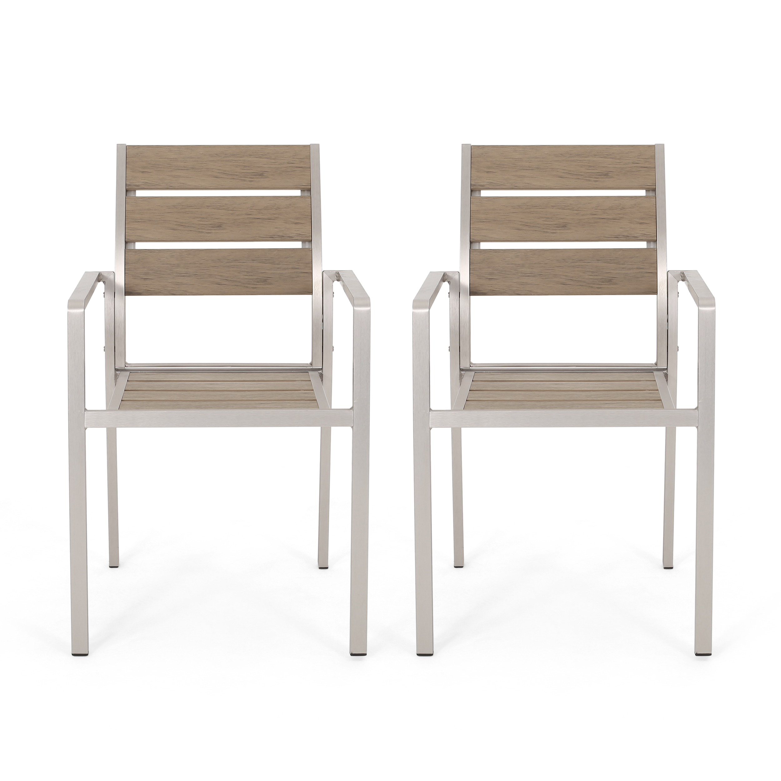 GDF Studio Cherie Outdoor Modern Aluminum Dining Chair with Faux Wood Seat (Set of 2), Natural and Silver - image 1 of 12