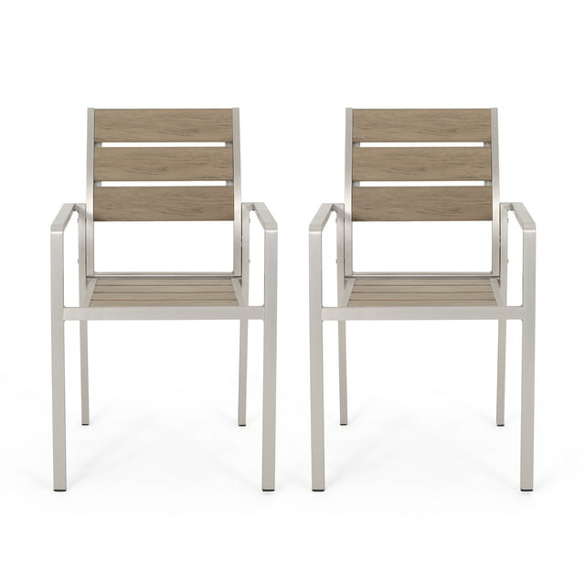 GDF Studio Cherie Outdoor Modern Aluminum Dining Chair with Faux Wood Seat (Set of 2), Natural and Silver
