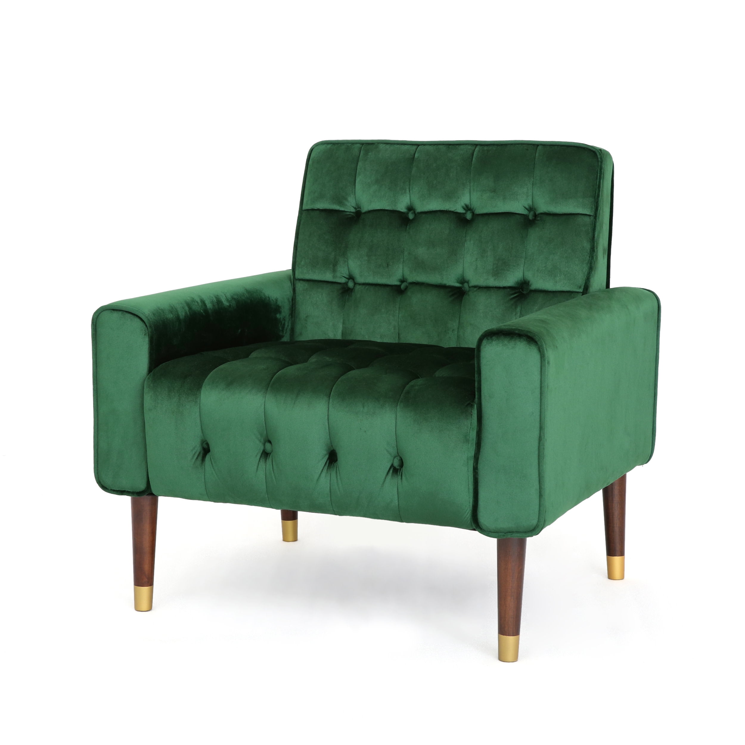 Emerald Velvet Button-Tufted Accent Chair with Wood Legs