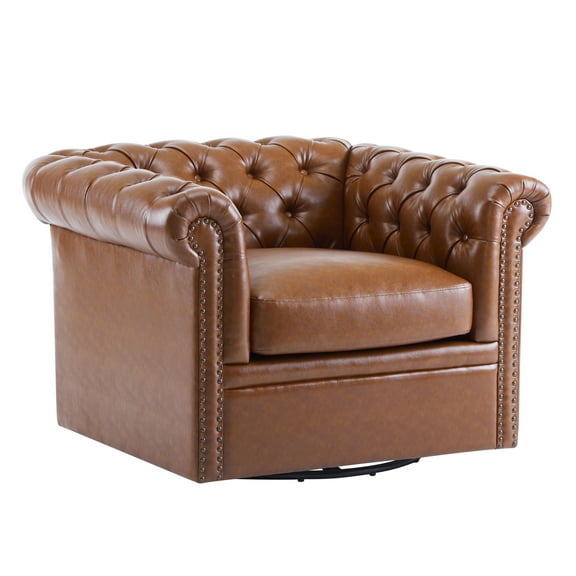 GDF Studio Chesterfield Swivel Club Chair with Deep Button-Tufted Upholstery & Nailhead Trim, Cognac