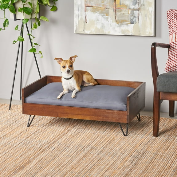 GDF Studio Cheval Mid Century Modern Acacia Wood Pet Bed with Cushion, Dark Oak and Dark Gray