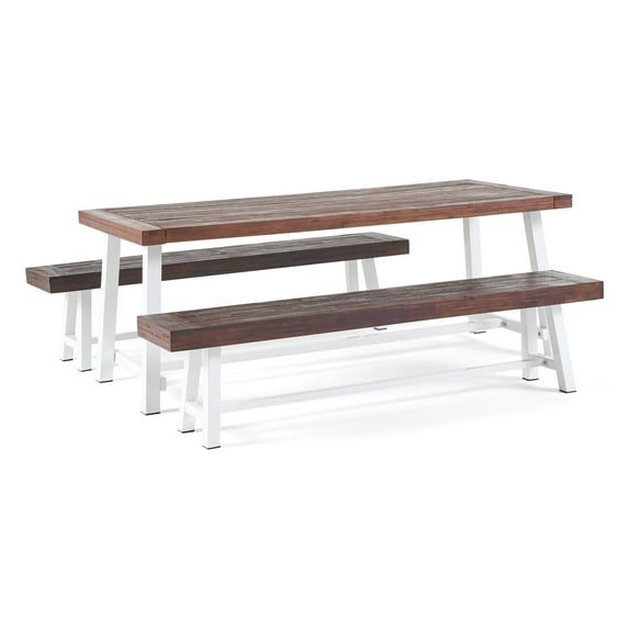 GDF Studio Chilian Outdoor Acacia Wood 3 Piece Picnic Set, Sandblasted Dark Brown and White