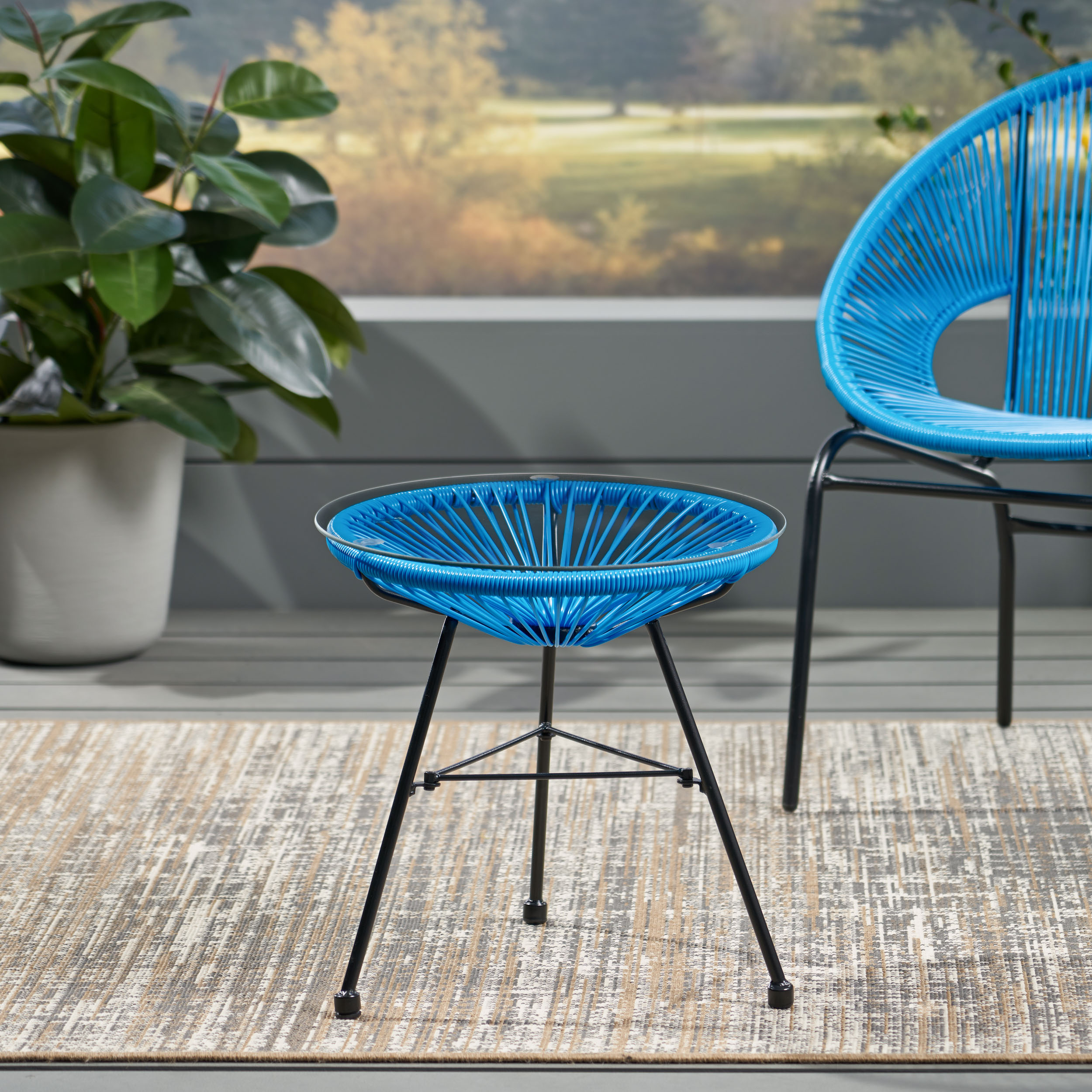 GDF Studio Chrissy Outdoor Modern Faux Rattan Side Table with Tempered Glass Top, Blue and Black - image 1 of 9