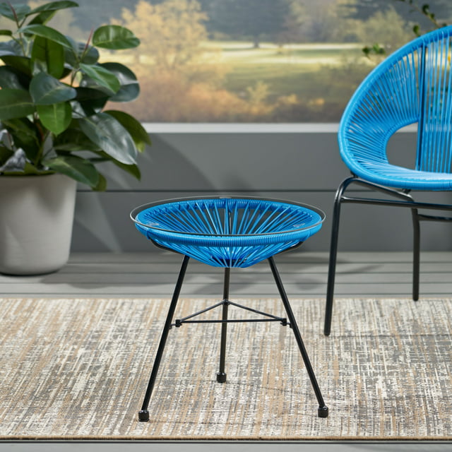 GDF Studio Chrissy Outdoor Modern Faux Rattan Side Table with Tempered Glass Top, Blue and Black