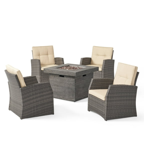GDF Studio Clausen Outdoor Wicker 5 Piece Club Chair and Fire Pit Set with Cushions, Gray and Beige