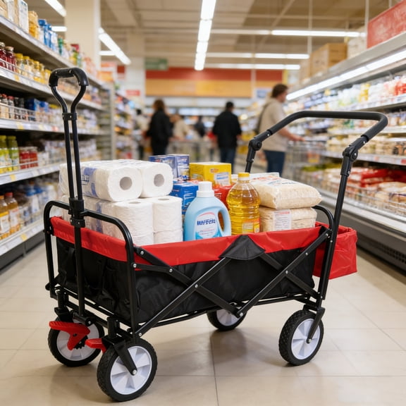 GDF Studio Collapsible Outdoor Utility Wagon with Back Frame and Emergency Brake, Heavy Duty Folding Cart, Black Red