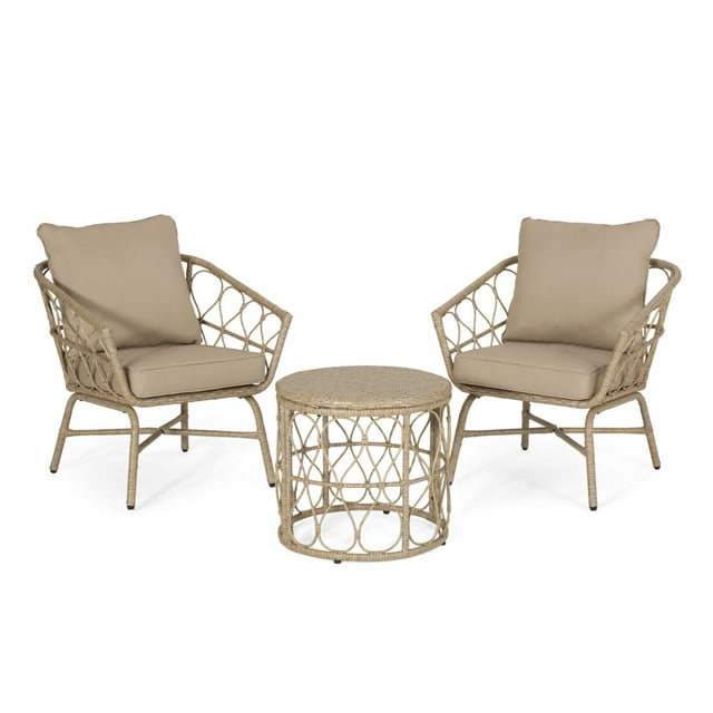 GDF Studio Colmar Outdoor Wicker 3 Piece Chat Set with Cushions, Light Brown and Beige
