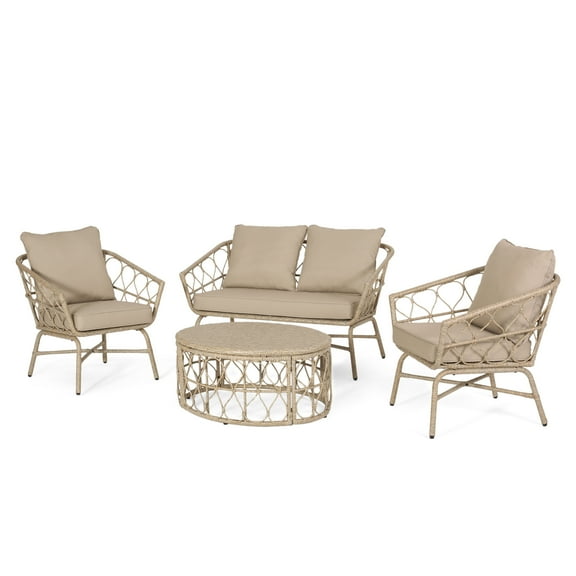 GDF Studio Colmar Outdoor Wicker 4 Seater Chat Set with Cushions, Light Brown and Beige