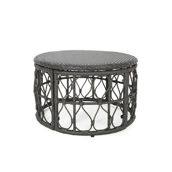GDF Studio Colmar Outdoor Wicker Coffee Table, Faux Rattan and Iron, Gray