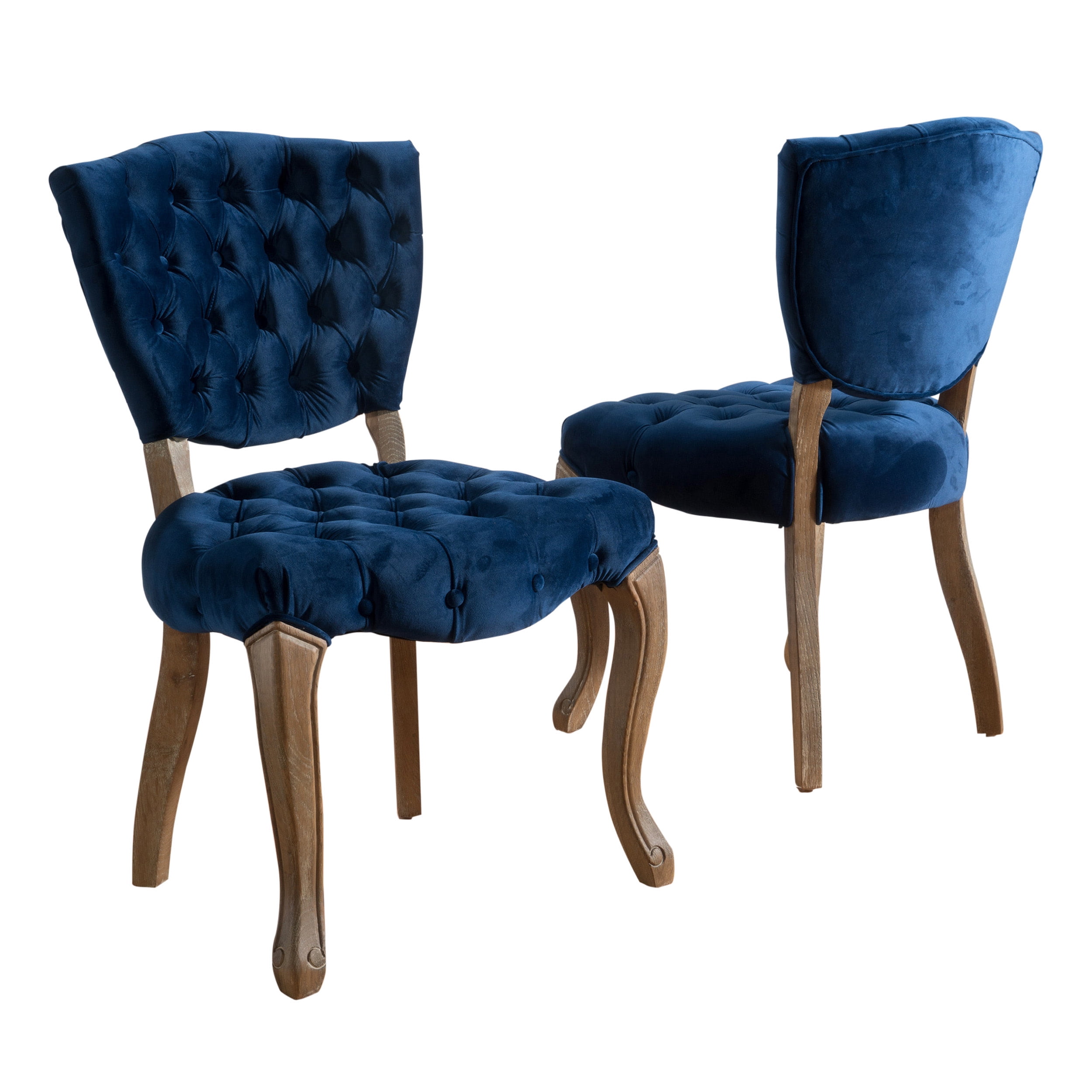 Navy Blue Velvet Upholstered Dining Side Chairs with Natural Rubberwood Legs