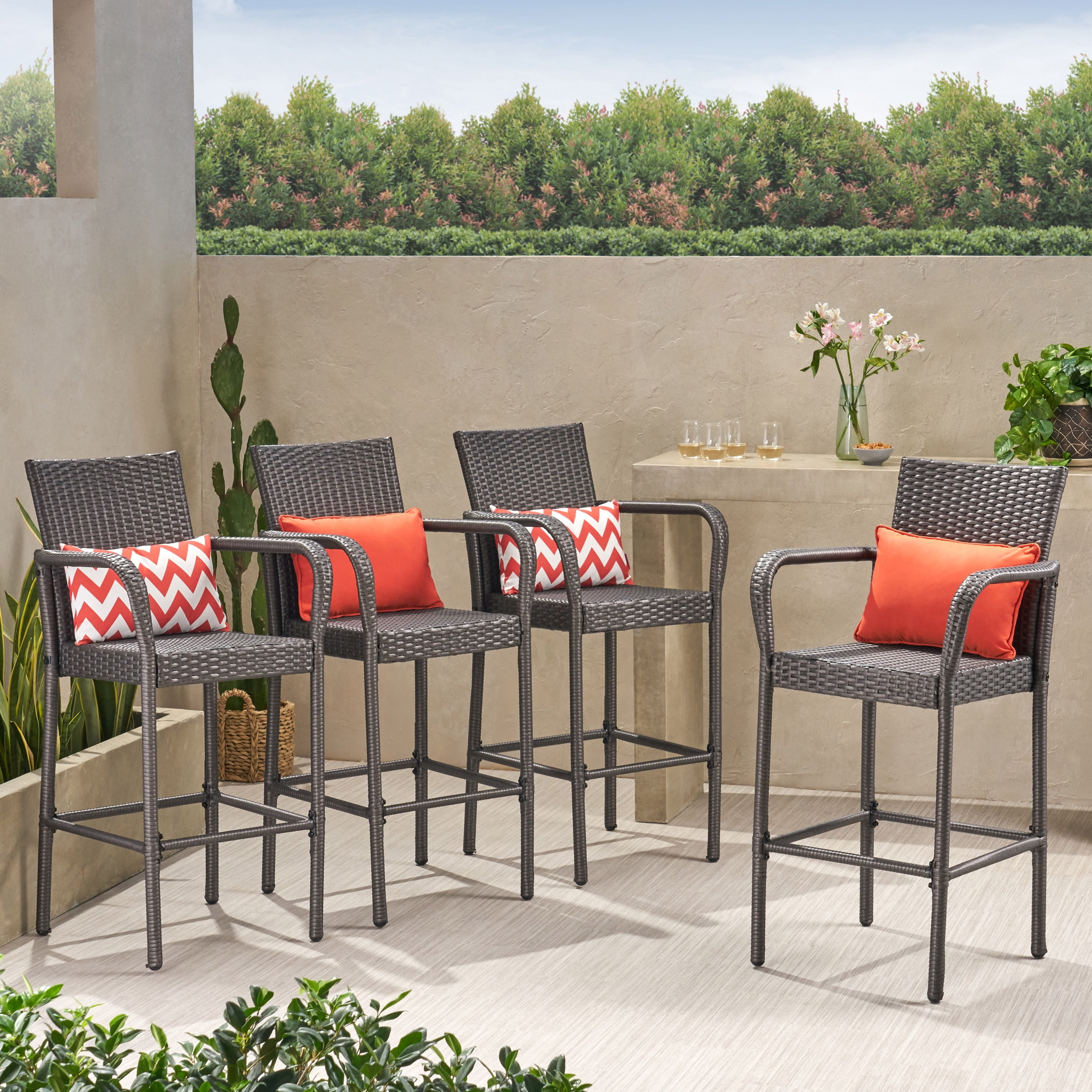 Gray Wicker and Iron Outdoor Barstools, Set of Four