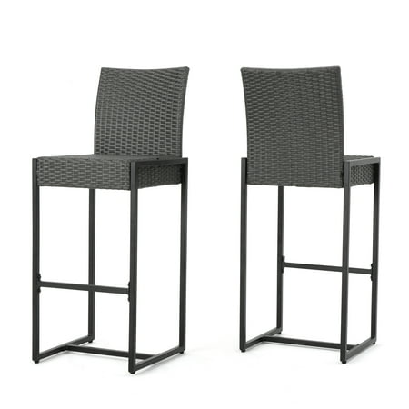 GDF Studio Conrad Outdoor Wicker 30 Inch Barstool, Set of 2, Gray