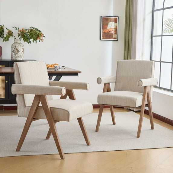 GDF Studio Contemporary Fabric Upholstered Dining Chair with Rubberwood Legs, Beige, Set of 2