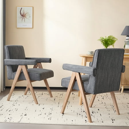 GDF Studio Contemporary Fabric Upholstered Dining Chair with Rubberwood Legs, Charcoal, Set of 2