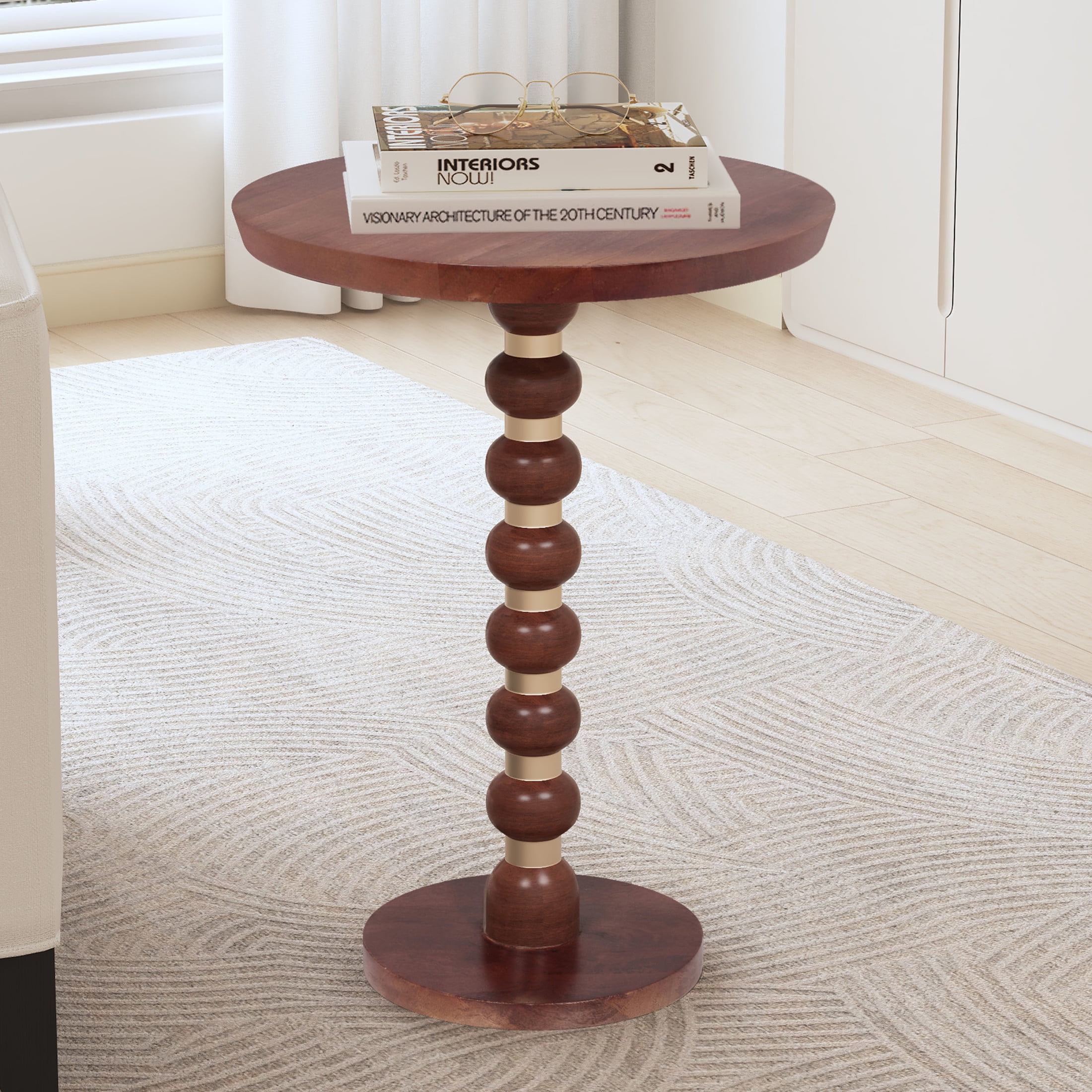 GDF Studio Contemporary Mango Wood Round End Table, Gold Accents Pedestal Base, Honey