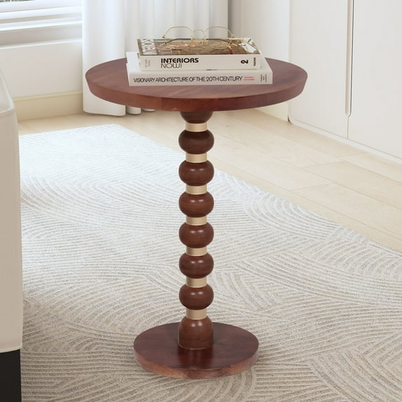 GDF Studio Contemporary Mango Wood Round End Table, Gold Accents Pedestal Base, Honey