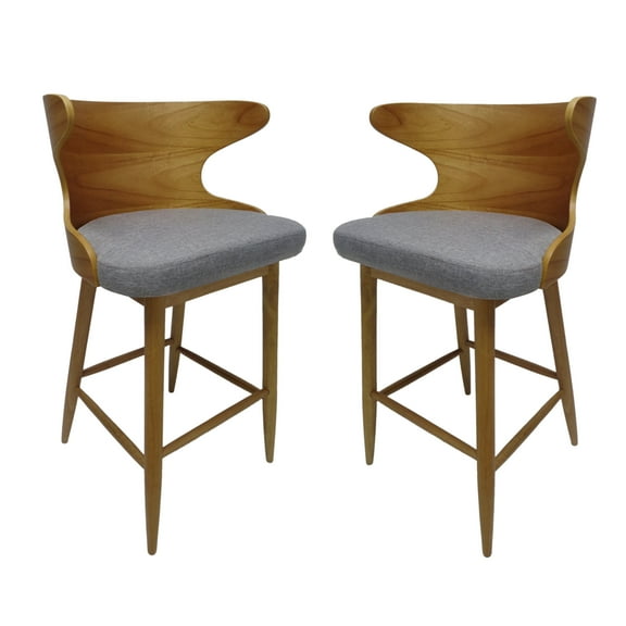 GDF Studio Cortland Mid Century Modern Fabric Upholstered Wood 30.5 Inch Barstools, Set of 2, Gray and Natural