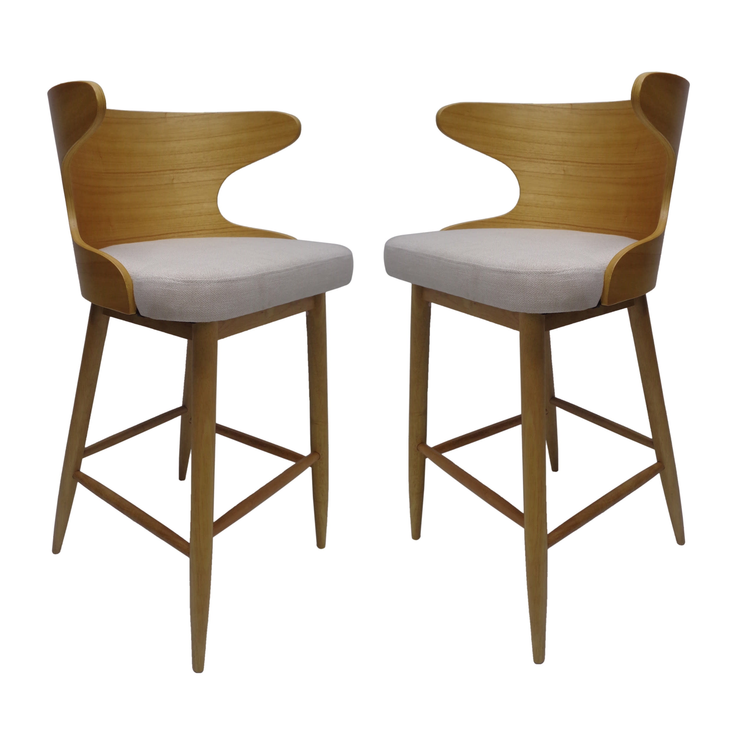 Light Beige Upholstered Wood Mid-Century Modern Barstools, Set of 2