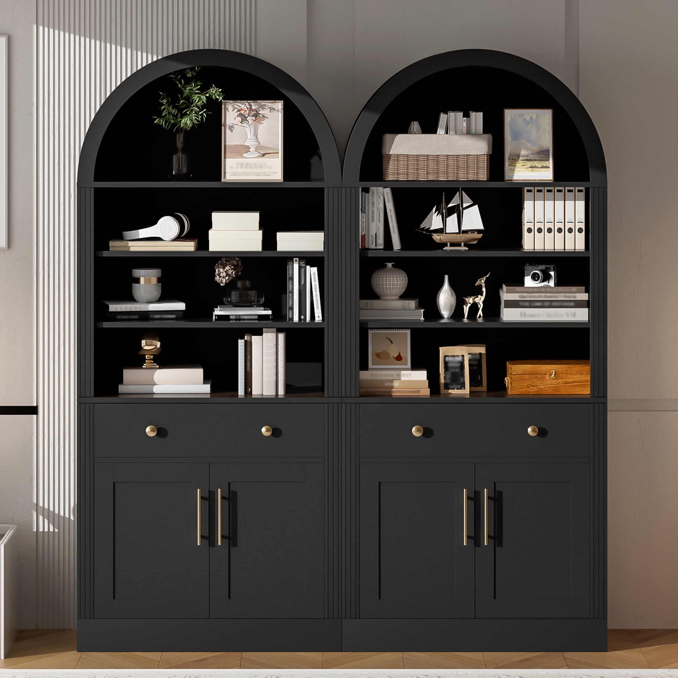 GDF Studio Corvel 70.9" Arched Bookshelf with Storage Cabinet & Adjustable Shelves, Kitchen Pantry Cabinet, Black, Set of 2