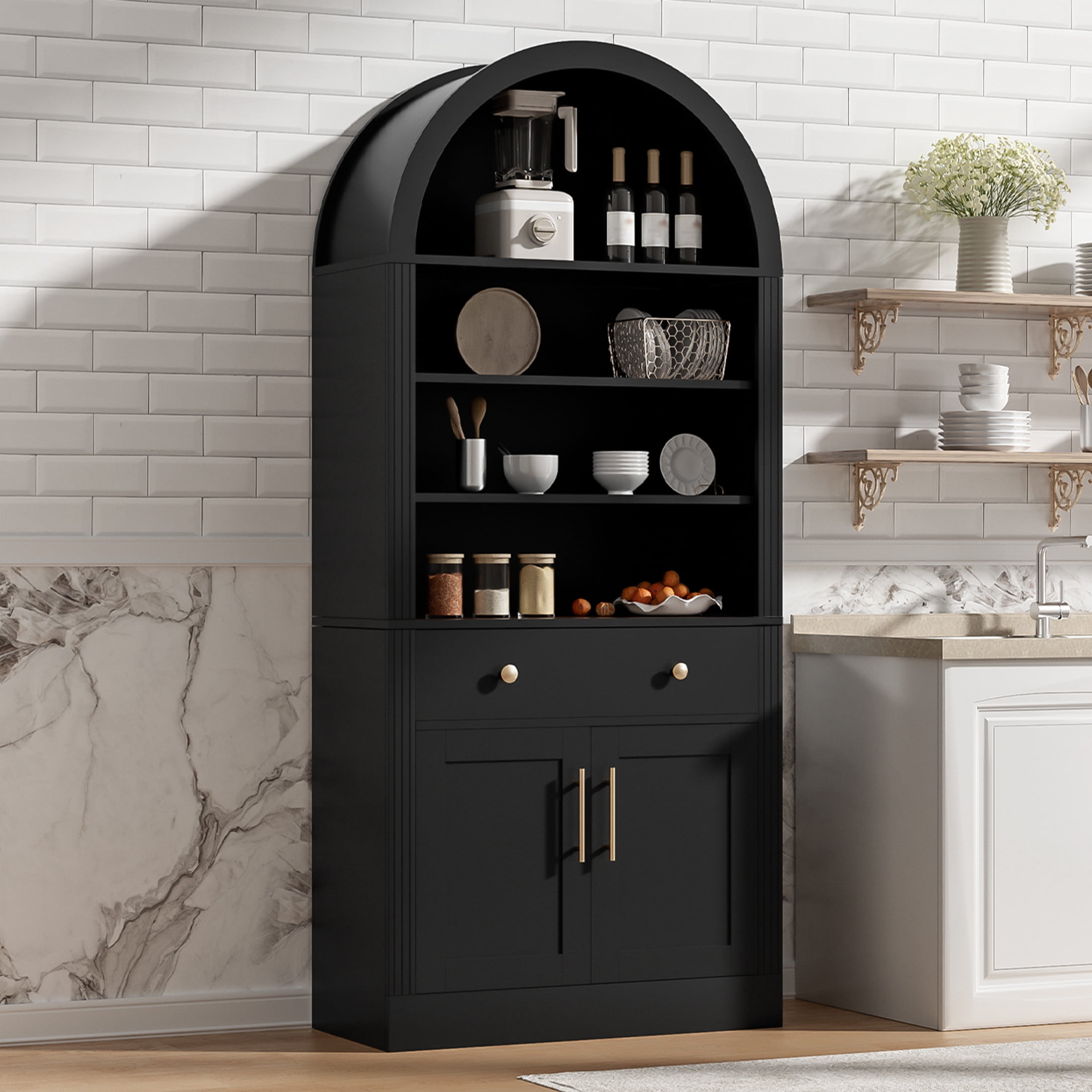 GDF Studio Corvel 70.9" Arched Bookshelf with Storage Cabinet & Adjustable Shelves, Kitchen Pantry Cabinet, Black