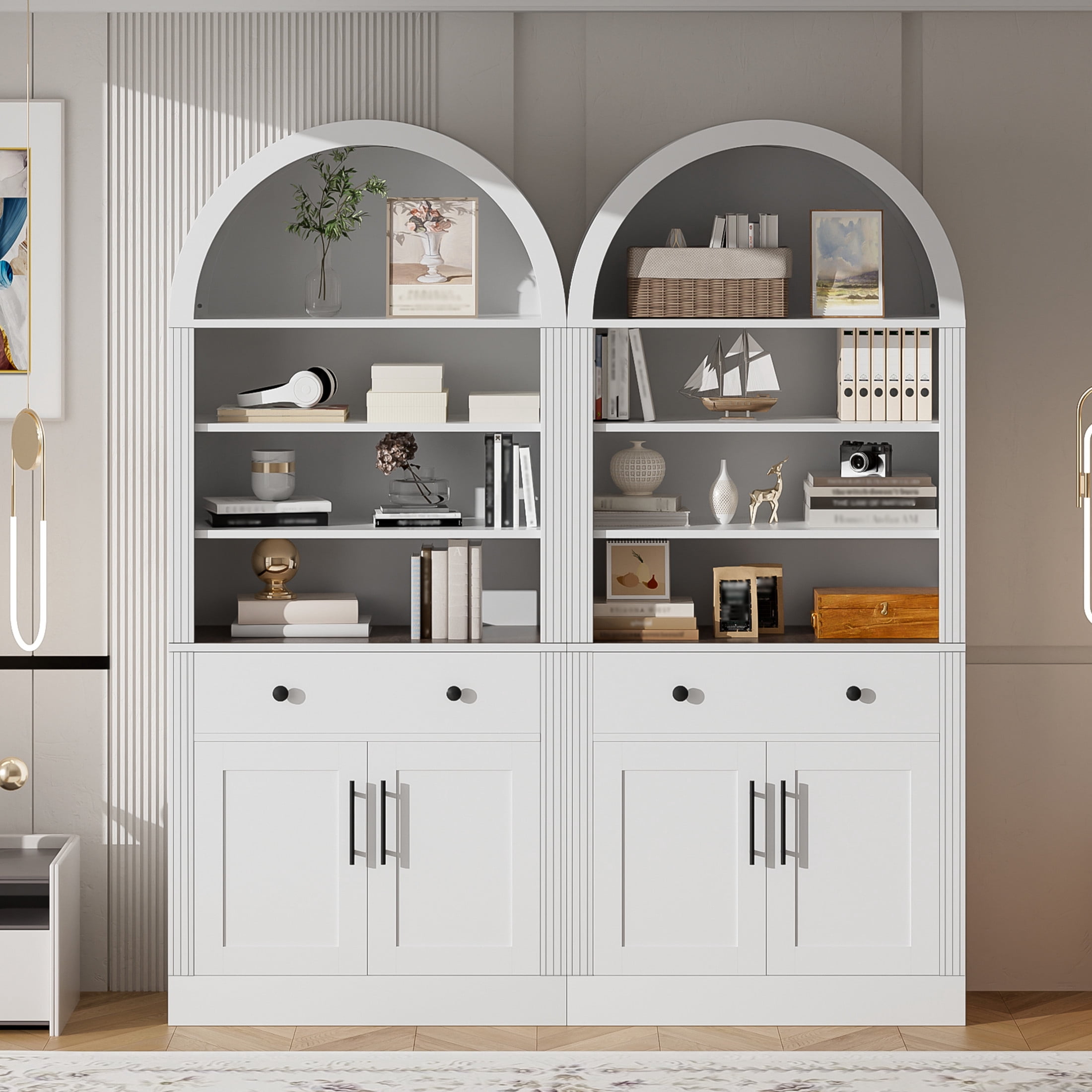 GDF Studio Corvel 70.9" Arched Bookshelf with Storage Cabinet & Adjustable Shelves, Kitchen Pantry Cabinet, White, Set of 2