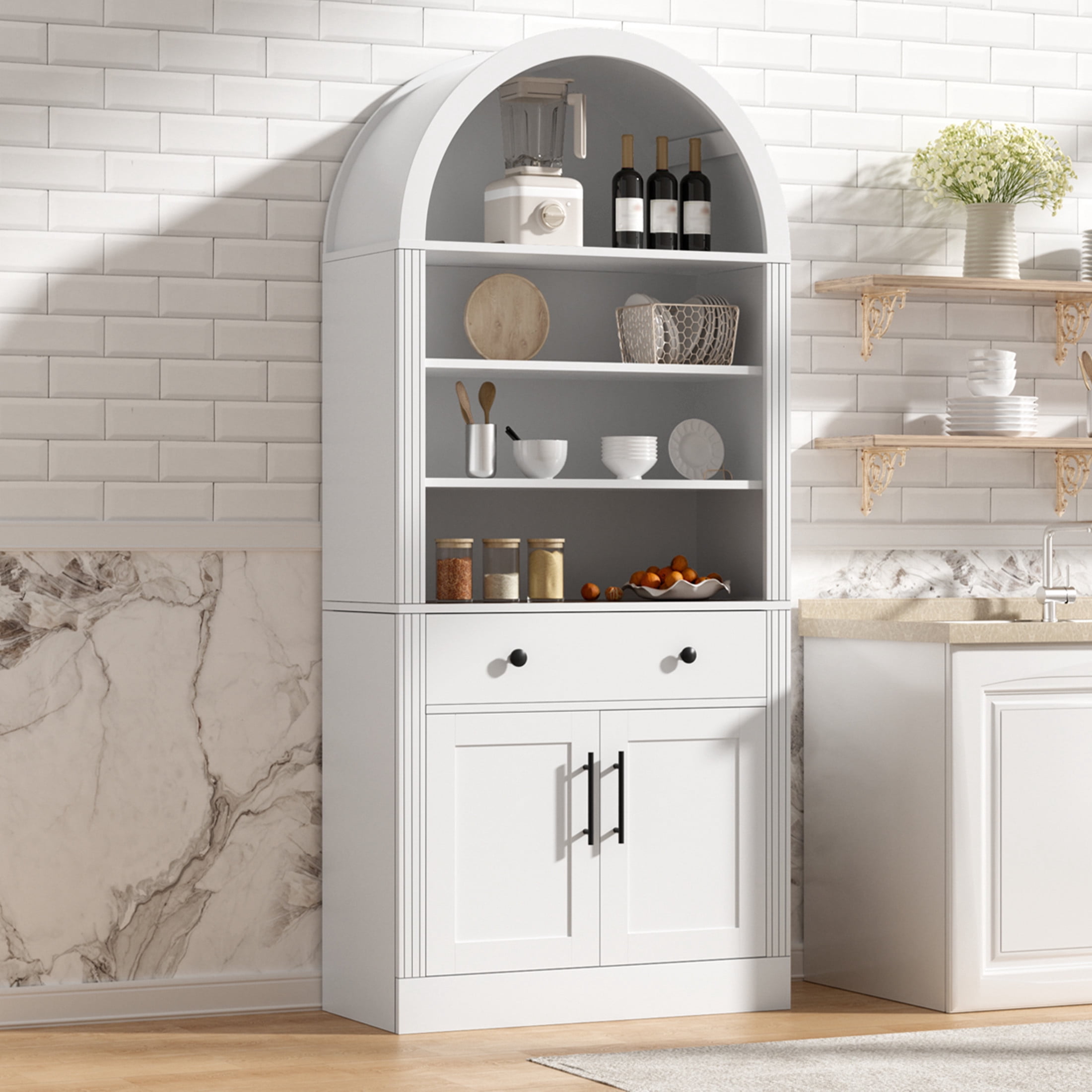 GDF Studio Corvel 70.9" Arched Bookshelf with Storage Cabinet & Adjustable Shelves, Kitchen Pantry Cabinet, White