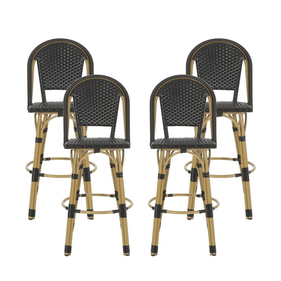 GDF Studio Cotterell Outdoor French Wicker and Aluminum 29.5 Inch Barstools, Set of 4, Black and Bamboo Finish