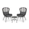 GDF Studio Cowan Outdoor Wicker and Glass 3 Piece Chat Set with Cushions, Gray, Dark Gray, and Black