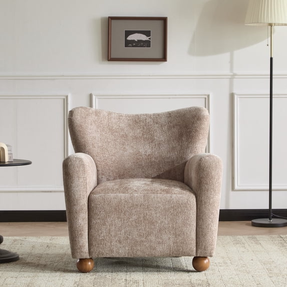 GDF Studio Cozy Wingback Armchair with Chenille Upholstery, Solid Wood Legs Accent Chair, Light Cinnamon