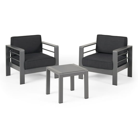 GDF Studio Crested Bay Outdoor Aluminum 3 Piece Club Chair Chat Set with Cushions, Gray and Dark Gray
