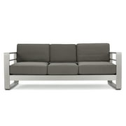 GDF Studio Crested Bay Outdoor Aluminum 3 Seater Loveseat Sofa with Tray, Silver and Gray