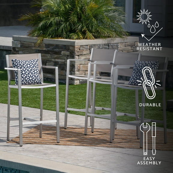 GDF Studio Crested Bay Outdoor Aluminum 30 Inch Barstools, Set of 4, Gray Mesh