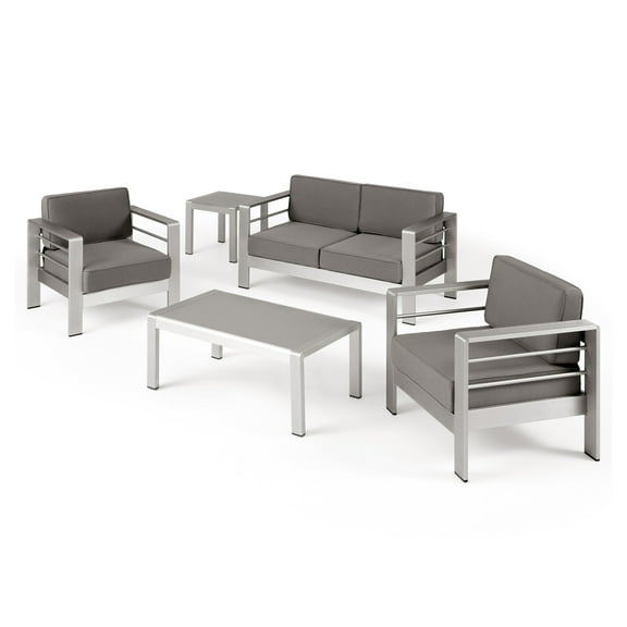 GDF Studio Crested Bay Outdoor Aluminum 4 Seater Chat Set and Side Table, Silver and Khaki