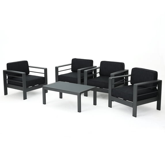 GDF Studio Crested Bay Outdoor Aluminum 5 Piece Chat Set, Grey and Dark Grey