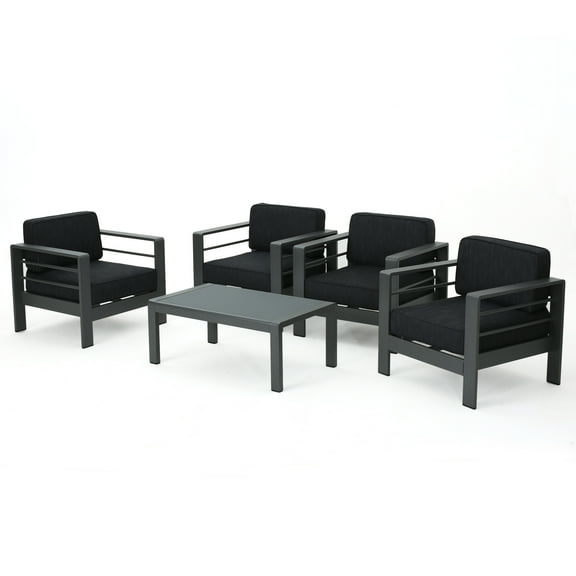 GDF Studio Crested Bay Outdoor Aluminum 5 Piece Chat Set, Grey and Dark Grey