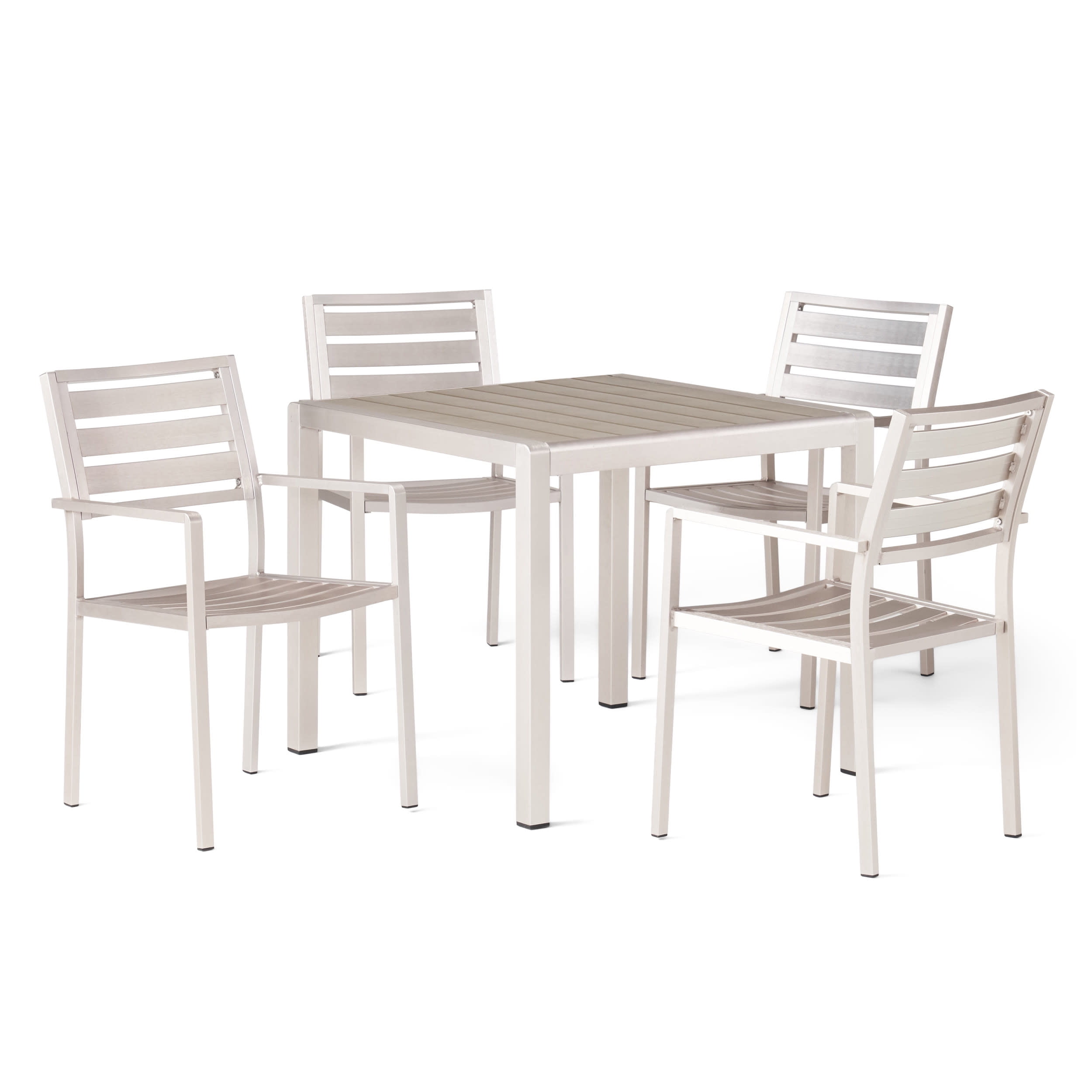 Silver and Gray Aluminum 4-Seater Outdoor Dining Set with Faux Wood Tabletop
