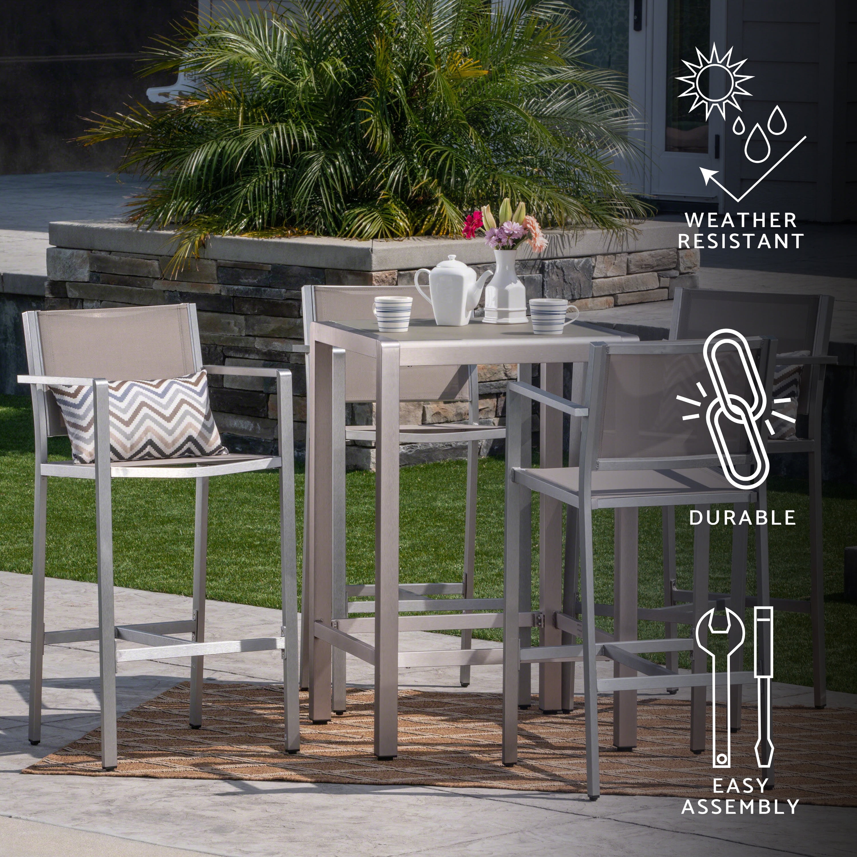 Gray and Silver Aluminum Outdoor Bar Set with Glass Top