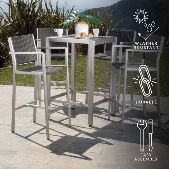 GDF Studio Crested Bay Outdoor Aluminum Bar Set, Gray Wicker