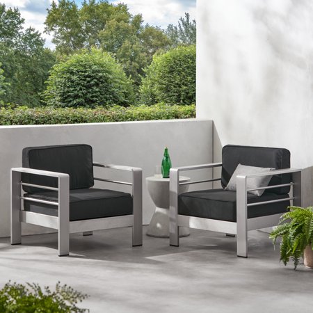 GDF Studio Crested Bay Outdoor Aluminum Club Chairs with Optional Sunbrella Cushions, Set of 2, Silver, Canvas Black