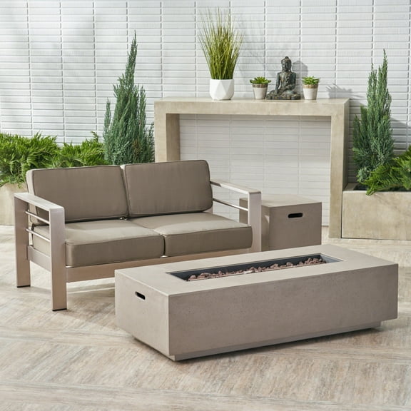 GDF Studio Crested Bay Outdoor Aluminum Loveseat and Fire Pit Set, Silver, Khaki, and Light Gray